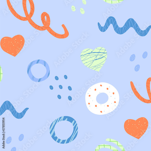 Abstract contemporary seamless pattern. Doodle elements. Hand drawn various shapes. Modern trendy vector illustration. Stamp texture. Perfect for textile print.