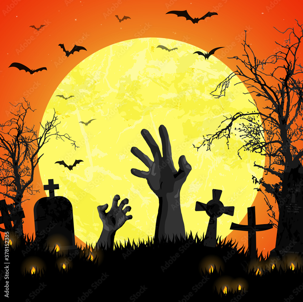 Halloween zombie hands in front of full moon