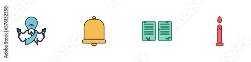 Set Jesus Christ, Church bell, The commandments and Burning candle icon. Vector.