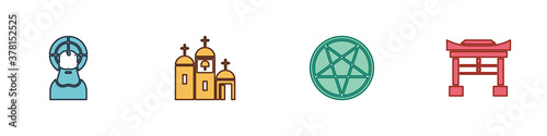 Set Jesus Christ, Church building, Pentagram a circle and Japan Gate icon. Vector.