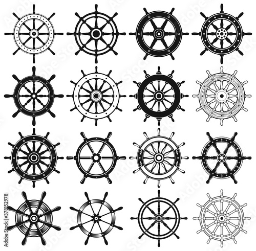 Ship steering wheel silhouette collection nautical icons vector set in black and white