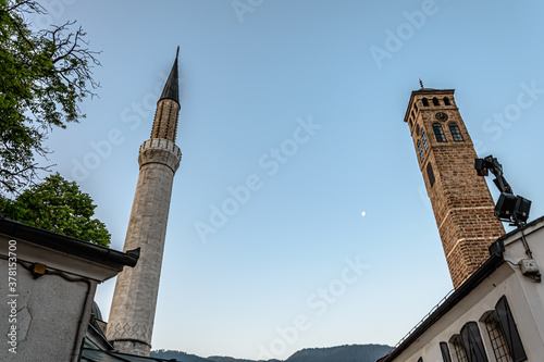 Gazi Husrev-beg Mosque's minaret and Sahat-kula under the sky