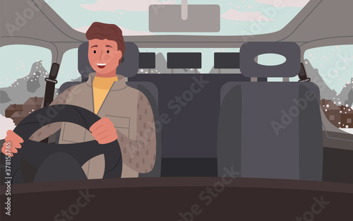 Traveling of man sitting in car near snowy mountains in countryside. Happy person wearing jacket driving auto in winter season. Road trip of alone human in casual clothes going in village vector