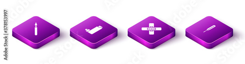 Set Isometric Medical surgery scalpel, Inhaler, Crossed bandage plaster and thermometer icon. Vector.