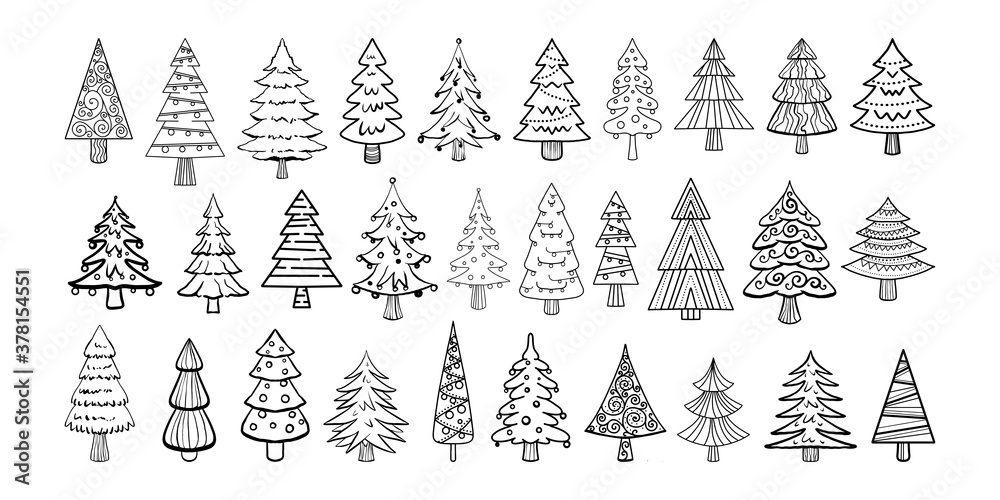 Naklejka New Year vector doodle Christmas trees.Big collection of Christmas trees with black lines isolated.Website design, greeting card, New Year tree in different styles are hand drawn.Printing on packaging