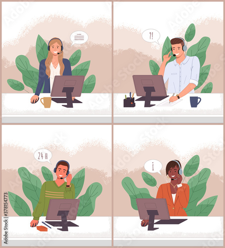 Managers in call center hotline. Online support worker, telephone service operator. Dispatcher, workplace of customer support manager at computer desk. Remote service specialist with headphone