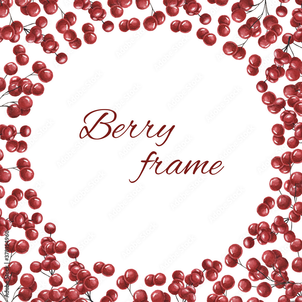 Frame with red berries. Watercolor illustration for the design of books, cards, invitations.