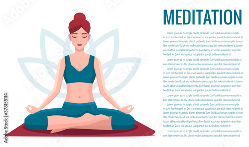 Woman sitting in lotus position practicing meditation. Yoga girl vector illustration.