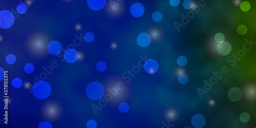 Light Blue, Green vector template with circles, stars. Abstract illustration with colorful spots, stars. Design for your commercials.