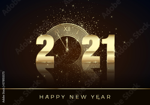 Golden Clock instead of zero in 2021. Happy New Year Greeting Card. Holiday midnight countdown. Christmas Decoration Element for Banner or Invitation. Vector illustration