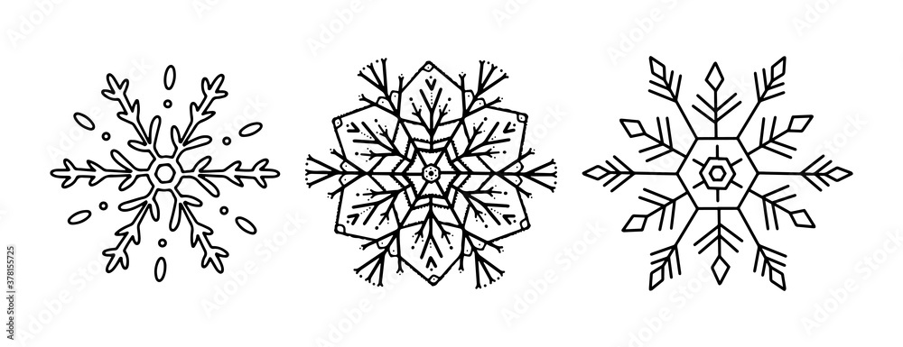 New Year vector doodle snowflakes isolated. Set of three beautiful snowflake black thin lines. Printing on packaging, gift paper, greeting cards, clip art, icons
