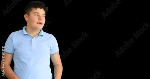 A deaf teenage boy shows the sign language photo