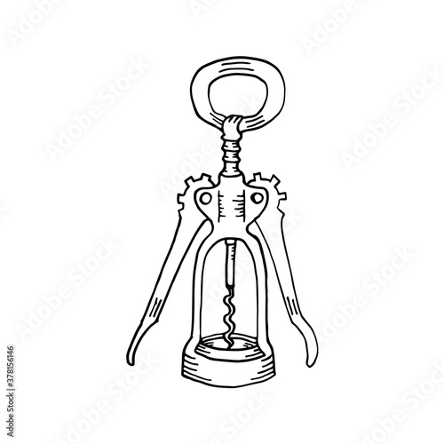 Winged corkscrew sketch vector illustration, bottle opener, black and white isolated