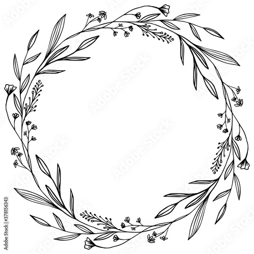 Hand Drawing foliage leaf wreath. Monochrome Laurel Wreath vector design. For Card  wedding invitation and Hand lettering decoration