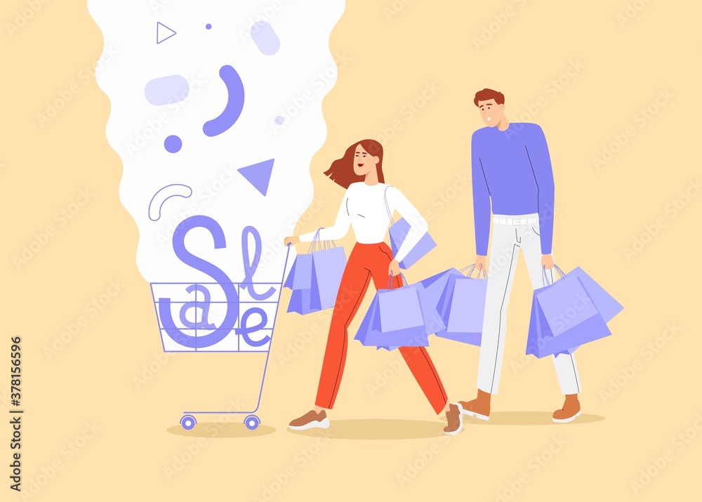 Black Friday social media banner. Young people shopping with trolley and bags. Vector illustration in flat cartoon style.