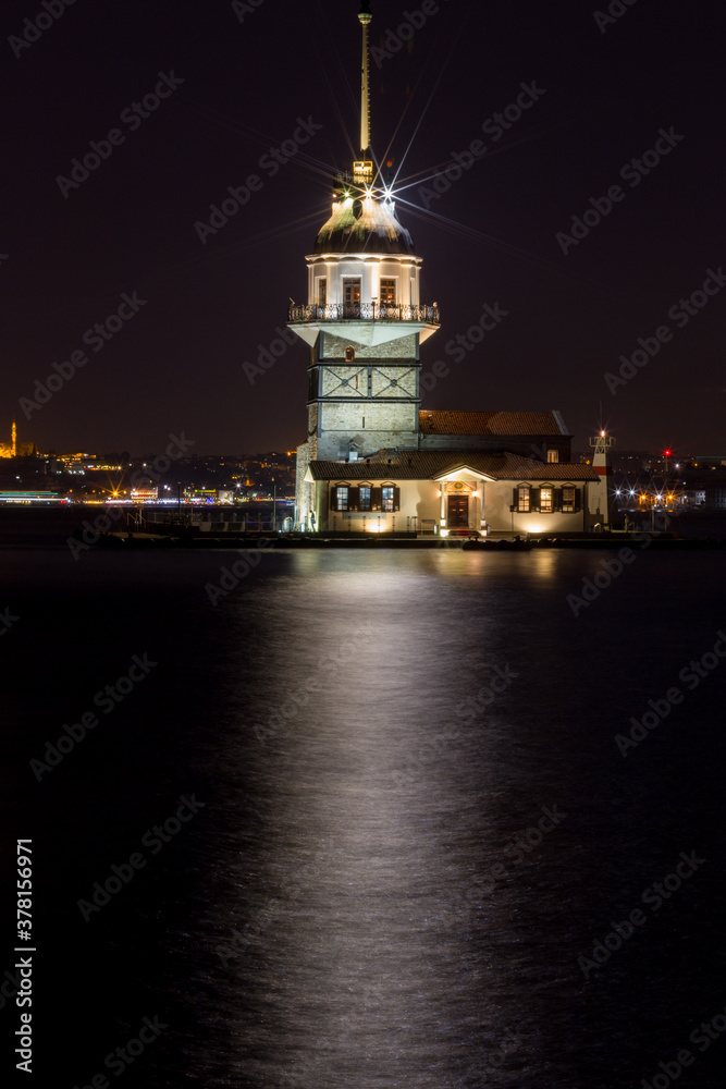 Famous Maiden's Tower in Istanbul, Turkey. long exposure night lights. Famous Maiden's Tower in Istanbul, Turkey. long exposure night lights.