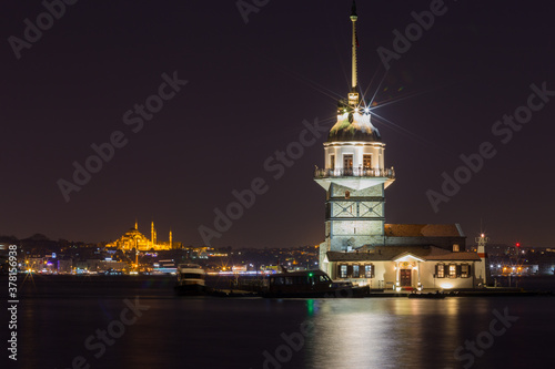 Famous Maiden s Tower in Istanbul  Turkey. long exposure night lights.