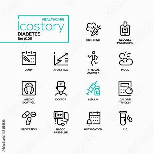 Diabetes - vector line design style icons set