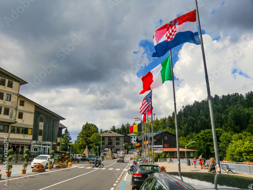 International Flags at Abetone, Passo dell’Abetone, province of Pistoia, Apennines, Tuscany, Italy, Europe photo
