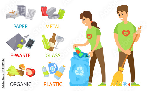 Metal and plastic waste vector, man and woman sorting garbage cleaning territory, glass and organic litter, ewaste garbage flat style volunteer work