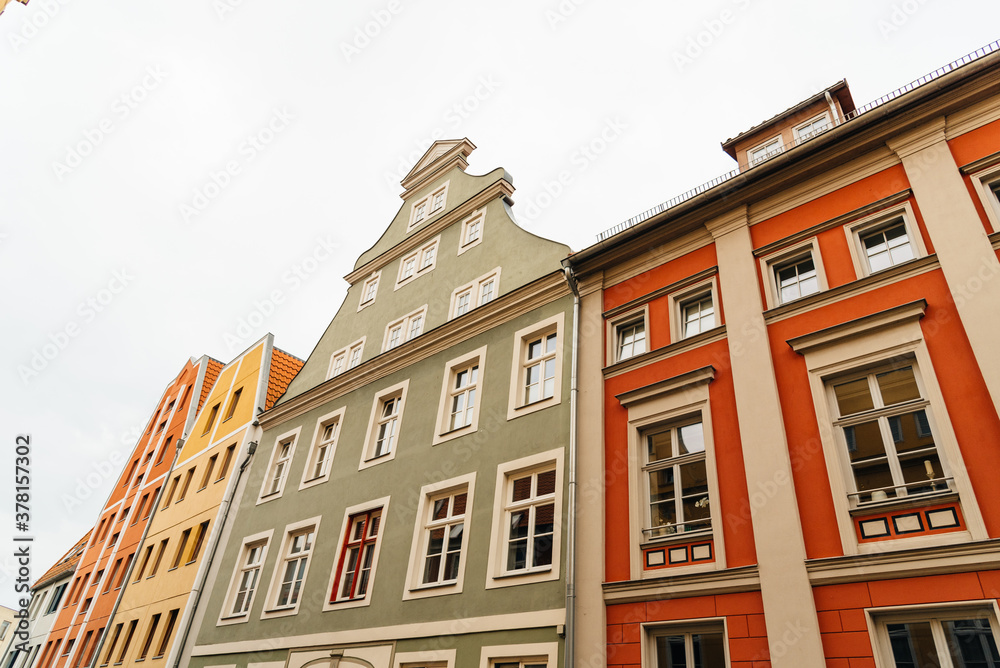 Traditional colorful houses with gable in the old town of Stralsund, Germany