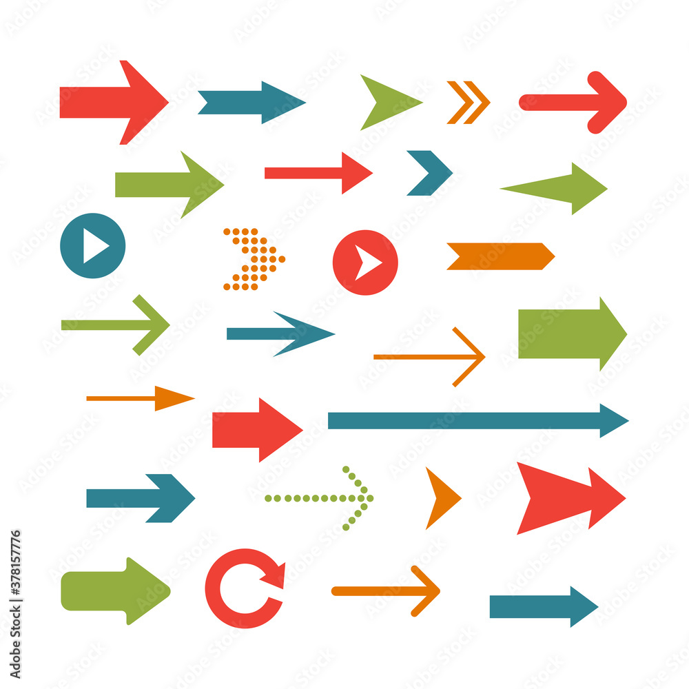 Multicolored arrows set isolated on a white background. Arrow icons of various shapes Multicolored arrows set isolated on a white background. Arrow icons of various shapes