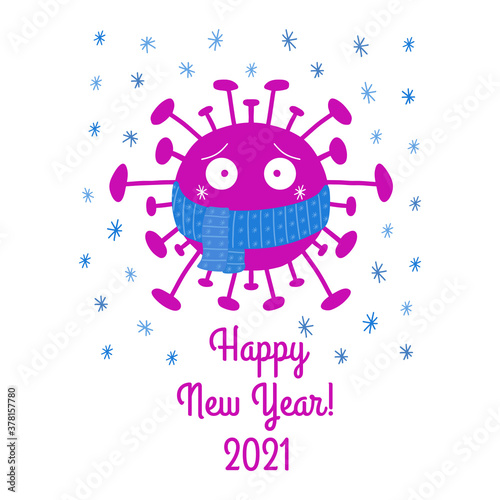 Happy New Year 2021. Cartoon coronavirus bacteria in blue scarf with snowflakes. Isolated on a white background. Vector stock illustration.
