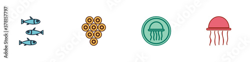 Set Fishes, Caviar, Jellyfish on plate and icon. Vector.
