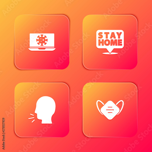 Set Virus statistics on laptop, Stay home, Man coughing and Medical protective mask icon. Vector.