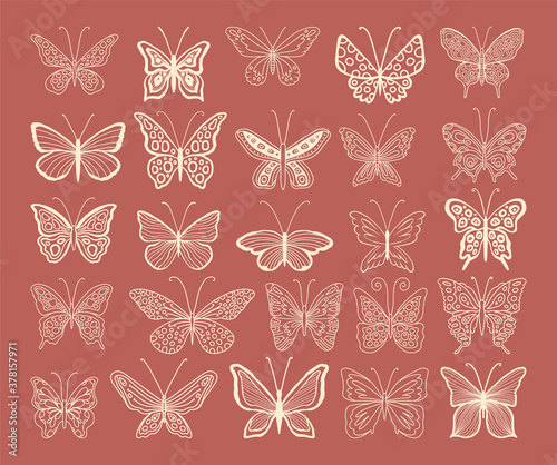 Large set of gold butterflies on a brown background. Luxury design elements, logo, print, tattoo, sticker for cosmetics, skin care, children's clothing or toys company.Boho style, pastel shades