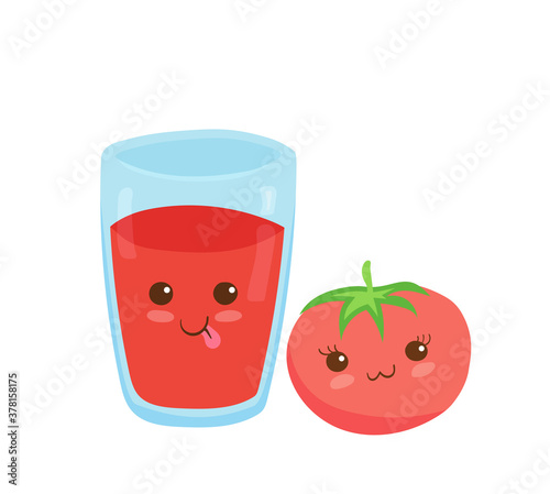 Fruits Natural Juice in smiling funny glass. Vector kawaii drink illustration in cartoon style isolated on white background. Happy Tomato red smoothie. Cute kids illustration. Menu design concept.