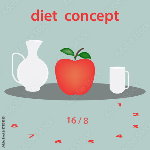 Diet Intermittent fasting - 16 and 8 o'clock, red apple, white jug, mug - vector.