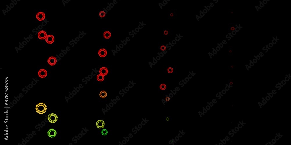 Dark green, red vector background with covid-19 symbols. Dark green, red vector background with covid-19 symbols.