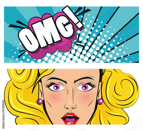 beautiful blond woman with omg word pop art style poster