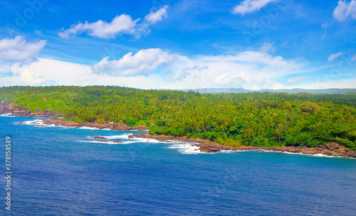Picturesque coastline of the Indian Ocean with coconut palms . View from above.