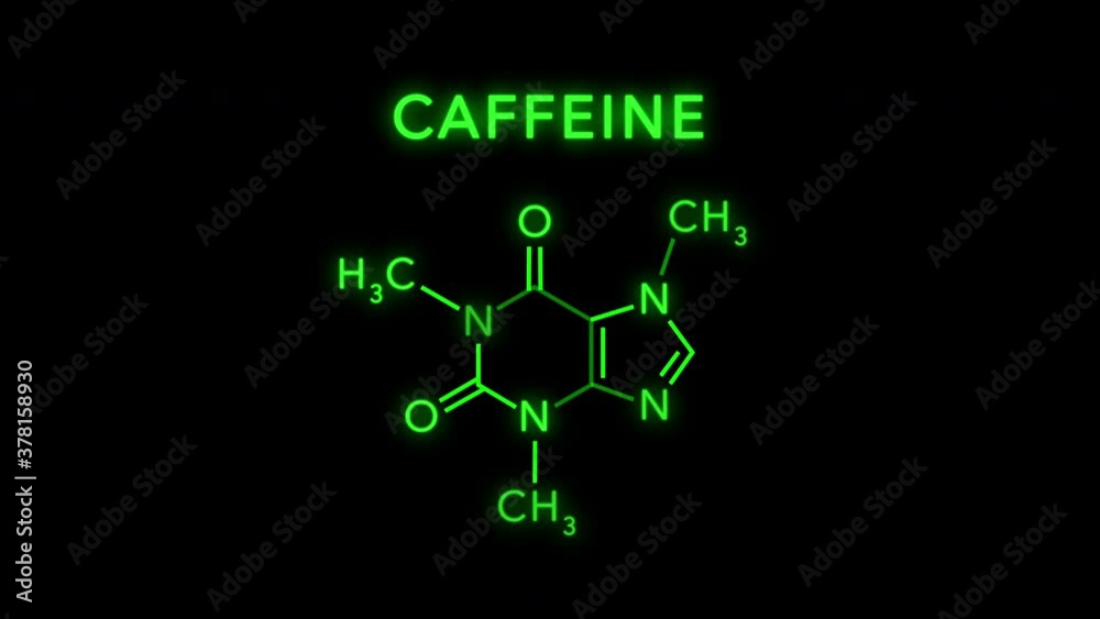 Coffee or Caffeine Molecule Structure Symbol Neon Animation on Black Background