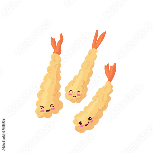 Tempura Fried Shrimp known as Japanese Food Ebifurai Cute Vector Illustration. Cartoon Kawaii style icon of asian food characters with happy faces. Smiling cooked prawns colorful drawing, menu concept