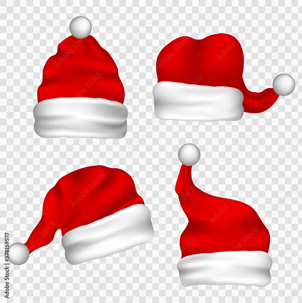 Christmas Santa Claus Hats With Fur Set. New Year Red Hat Isolated. Vector santa claus hat colllection, holiday cap to xmas illustration Christmas Santa Claus Hats With Fur Set. New Year Red Hat Isolated. Vector santa claus hat colllection, holiday cap to xmas illustration