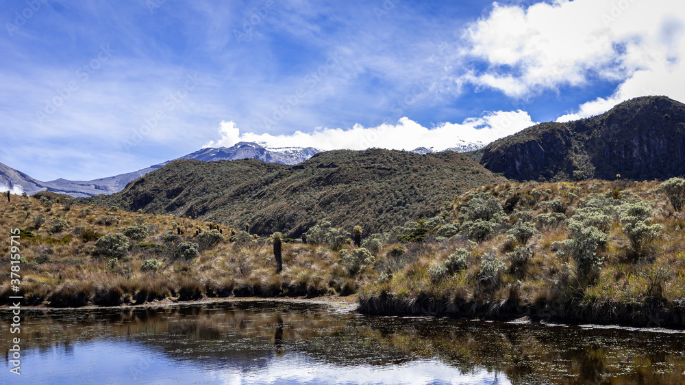 Landscape in Los Nevados National Natural Park in Colombia. Nevado de Santa Isabel and Nevado del Ruiz volcano

