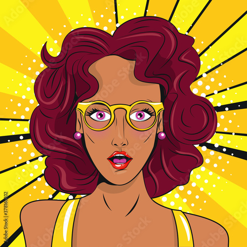 beautiful brunette woman wearing eyeglasses pop art style poster