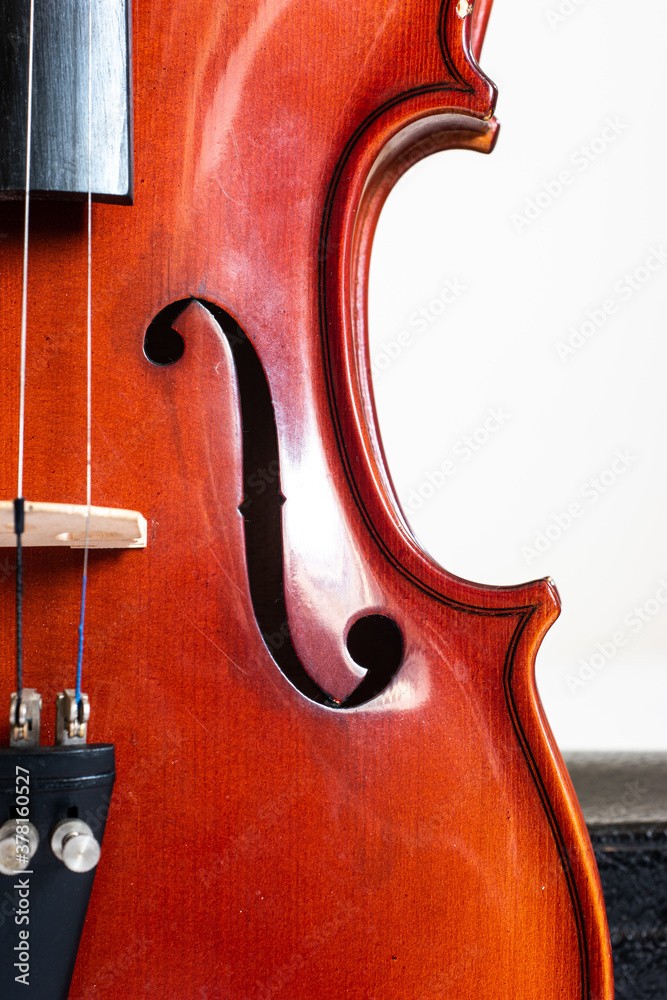 Wooden violin close up detail shot of houseing with holes and cord bridge Wooden violin close up detail shot of houseing with holes and cord bridge