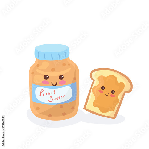 Kawaii Chocolate Peanut Butter Spread Jar & Happy Loaf of White Bread smiling together. Cute funny breakfast sandwich character hand drawn vector illustration in cartoon doodle style. Kids menu design