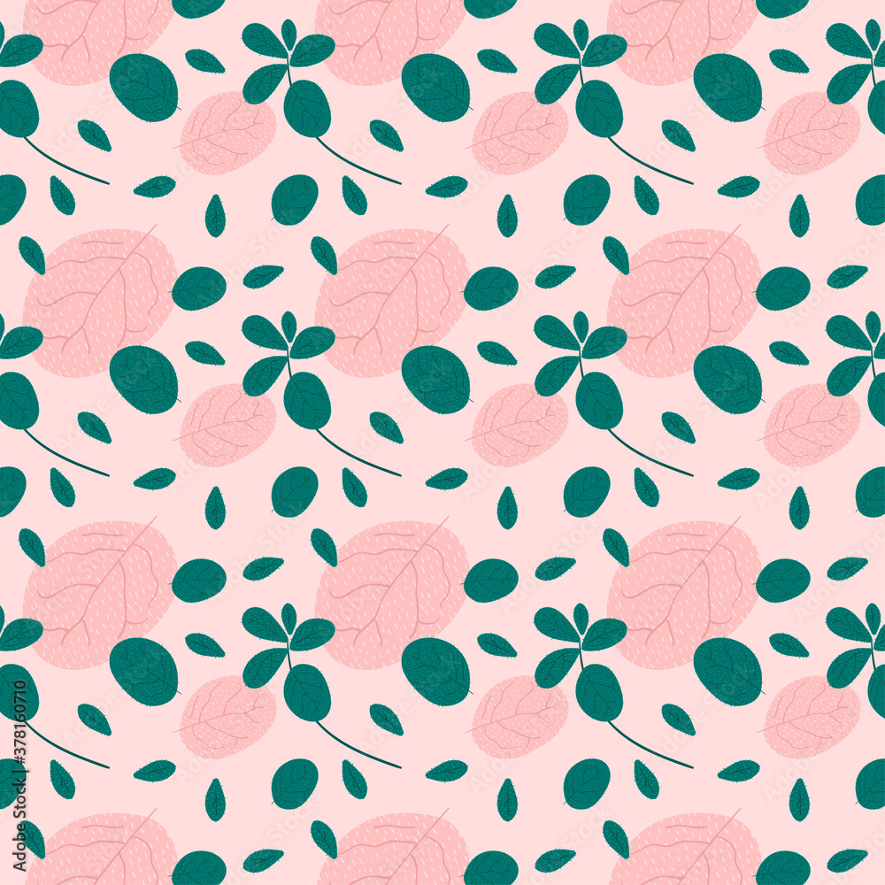 Fototapeta premium Seamless fall pattern with leaves. Romantic pink background with abstract details.