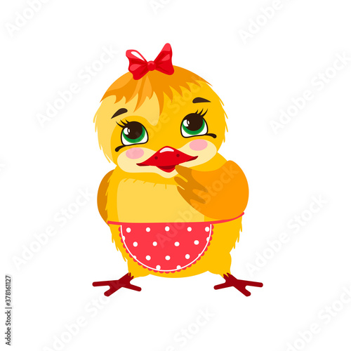 Cute and funny chicken girl. Vector, isolated image on a white background, in the style of a cartoon.
