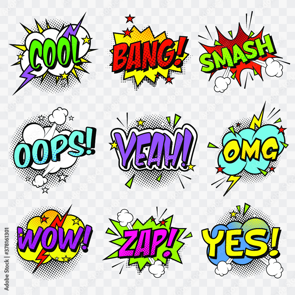 Stickers sales, discounts, sales final in a comic style. Spring and summer  sales. Pop art on a transparent background, bright stickers in the style of  comics. Vector illustration vector de Stock