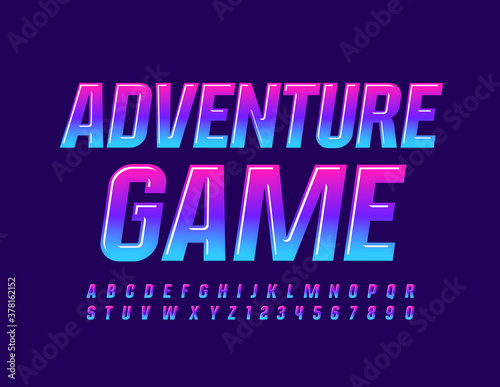 Vector bright sign Adventure Game. Gradient color Font. Creative Alphabet Letters and Numbers set