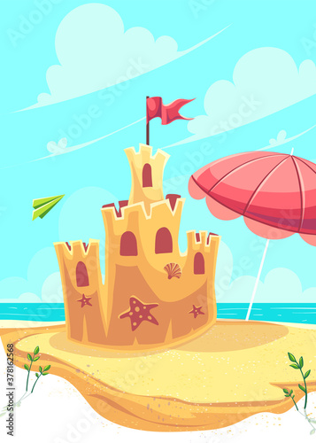 Vector bright illustration the cute sand castle
