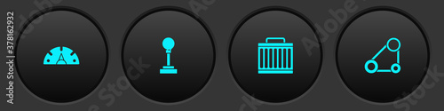 Set Speedometer, Gear shifter, Car radiator cooling system and Timing belt kit icon. Vector.