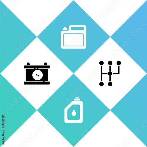 Set Car battery, Canister for motor oil, and Gear shifter icon. Vector.