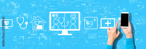 Telehealth theme with person using a smartphone on a blue background